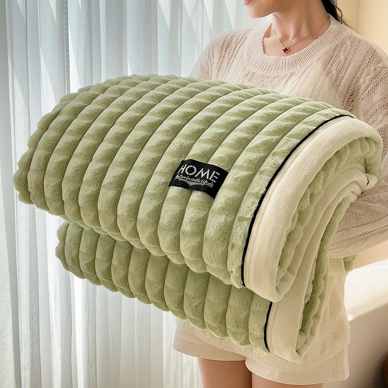 couverture double couche fausse fourrure beige rayures horizontales deux oreillers canapé