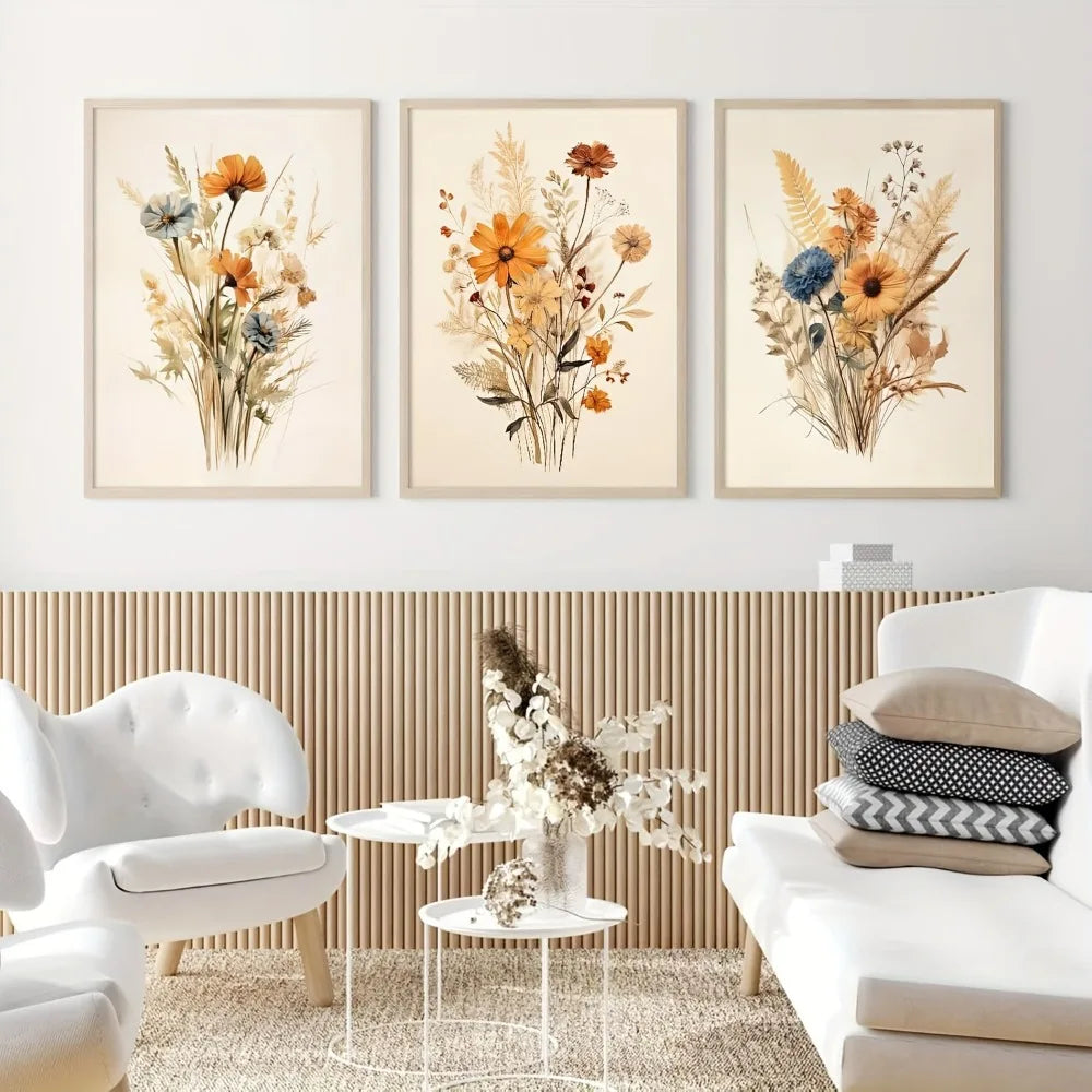 toiles d'art abstrait fleurs séchées classique rustique beige marron orange bleu blanc sans cadre