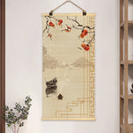 rideau rouleau bambou art traditionnel oriental fleurs oiseaux motifs crochets métalliques opaques entrée maison