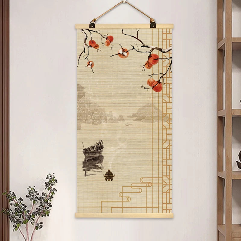 rideau rouleau bambou art traditionnel oriental fleurs oiseaux motifs crochets métalliques opaques entrée maison