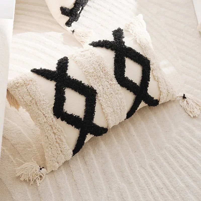 coussins géométriques blanc noir franges moderne décoration intérieure canapé salon amovible lavable polyester coton