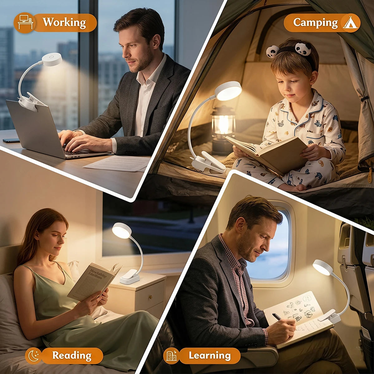 lampe lecture pince rechargeable blanc moderne certification cem rohs 180° angle large base charge