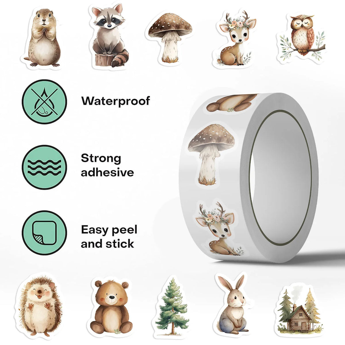 rubans adhésifs décoratifs animaux forêt personnages dessin animé blanc marron vert gris illustrations écolier