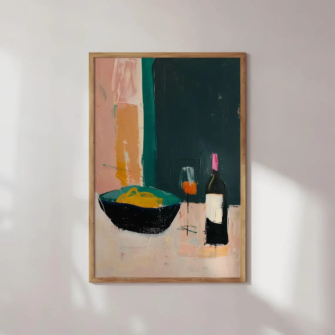 tableau abstrait contemporain couleur noir vert orange rose beige blanc fixé cadre bois chambre