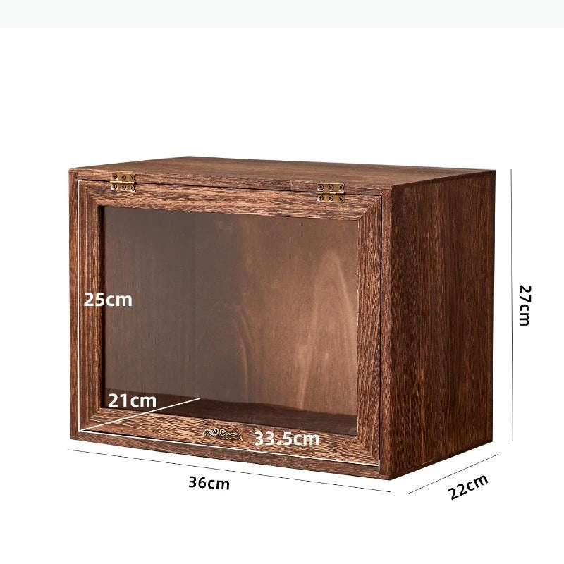 boîte souvenirs bois rustique porte vitrée présentoir organisation vases céramique livres horloge réveil