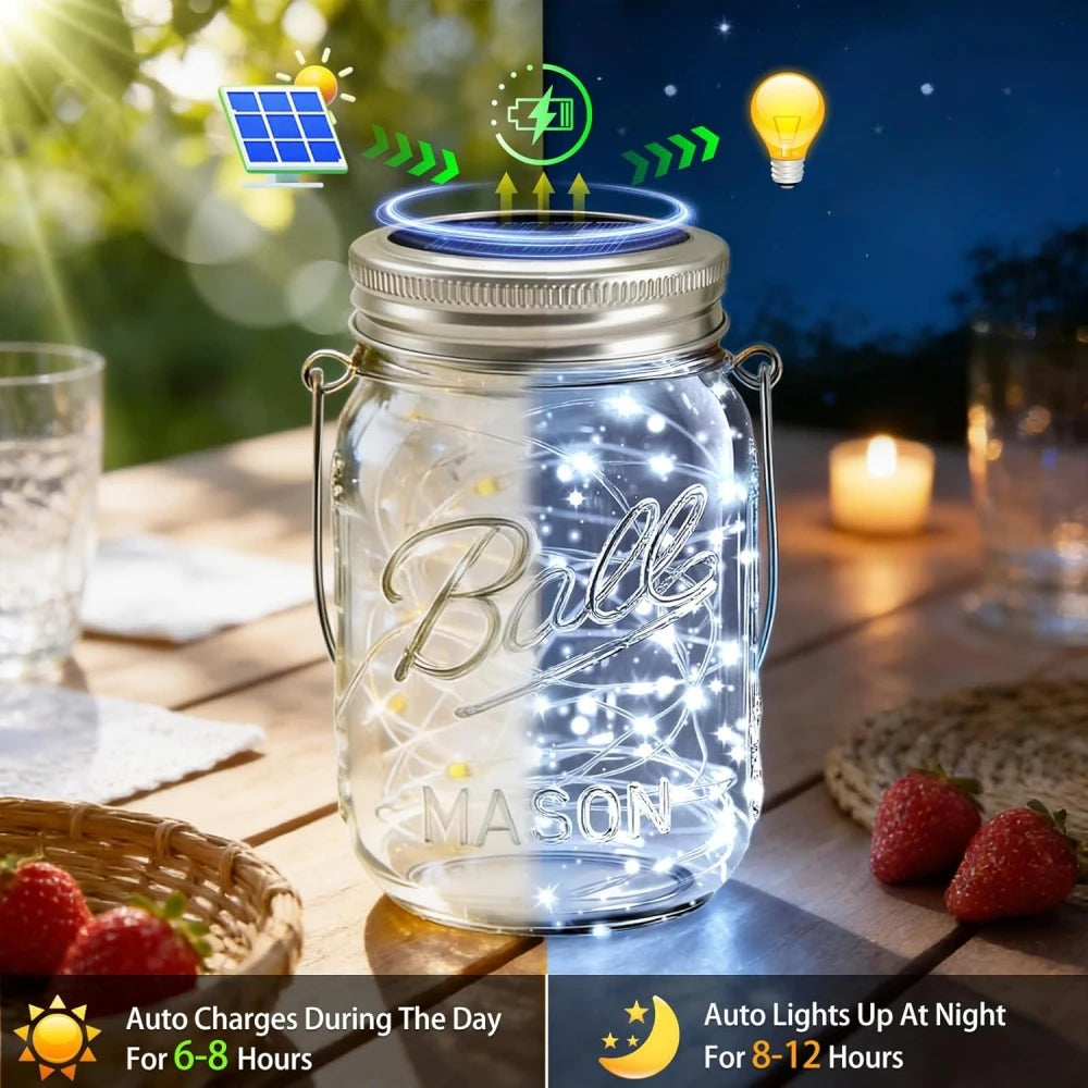 lumière solaire bocal forme luciole 18 led ip65 vintage rustique fil cuivre torsadé transparent