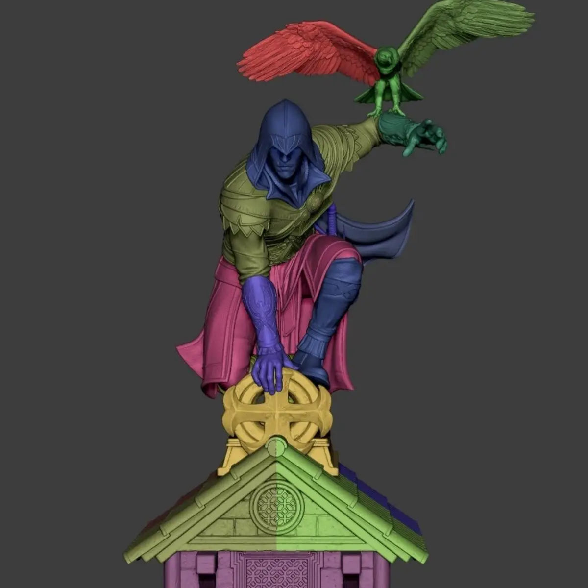 statue grise rouge verte bleue armure cape plumes fantastique médiéval oiseau structure