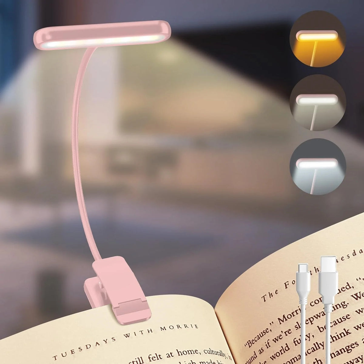 lampe lecture rechargeable rose pinces clipser minimaliste lumière blanc chaude froide usb portable