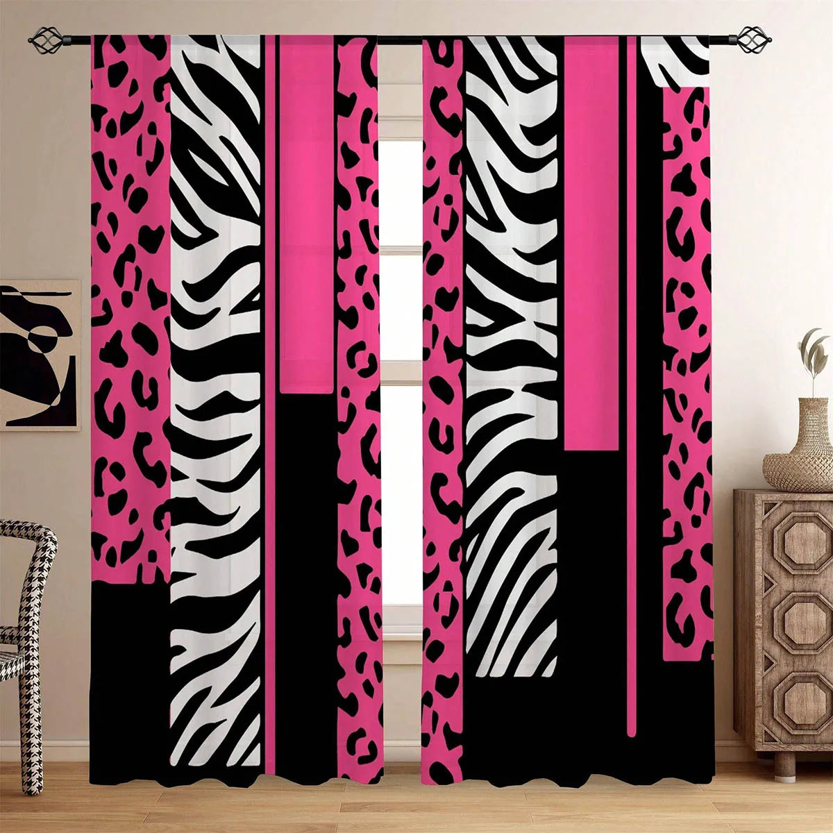 rideau léopard moderne noir blanc rose fenêtre polyester zèbre opacité decoration chambre salon cuisine