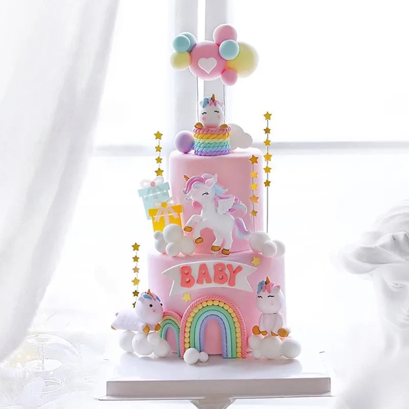 décorations gâteau anniversaire licorne arc ciel papillon fleur rose blanche enfantines cérémonie festives