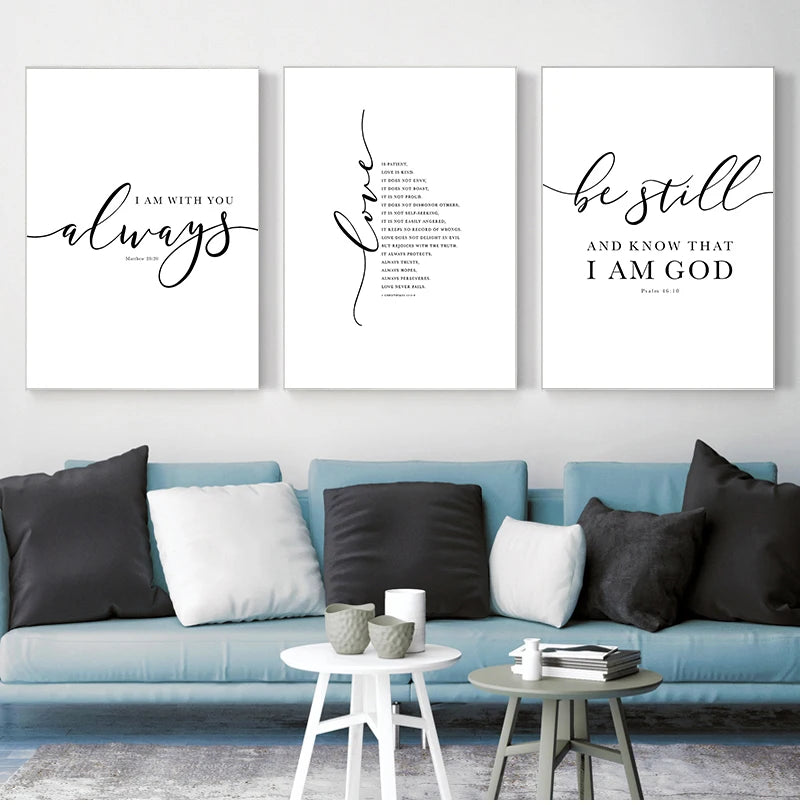 affiche murale texte biblique calligraphie noire toile blanche décoration intérieure minimaliste