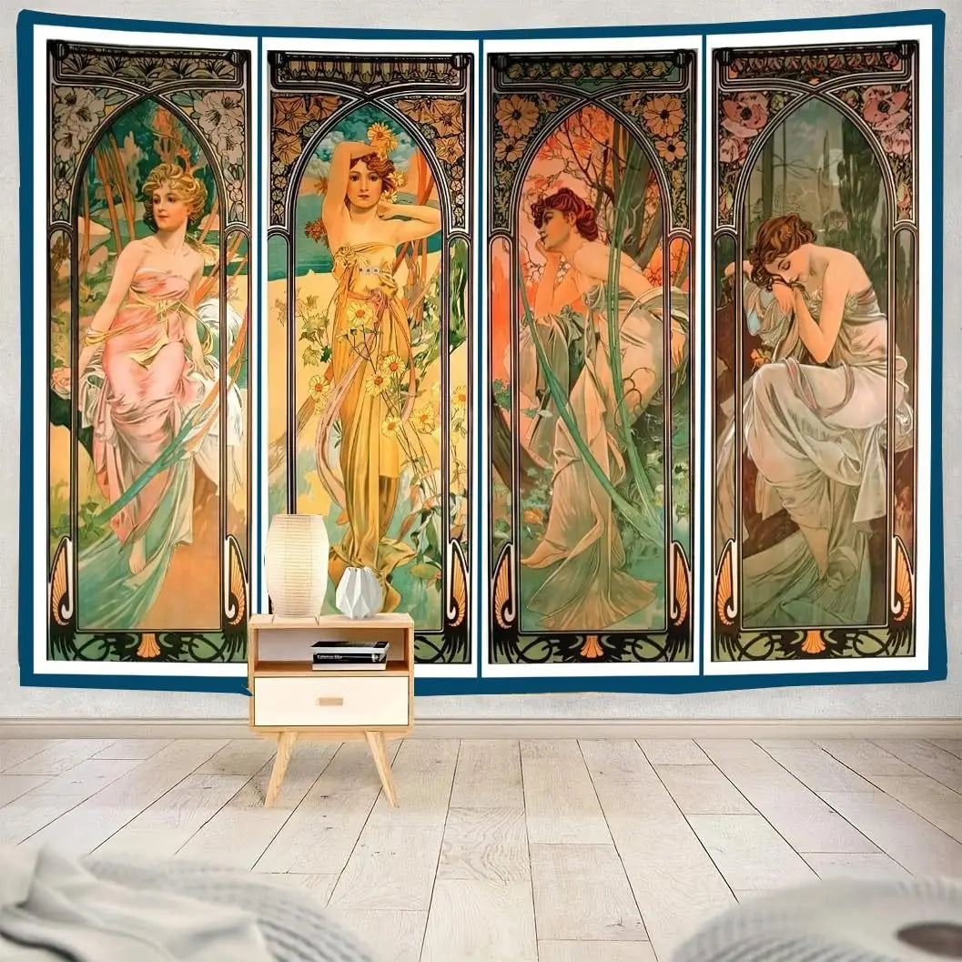 Panneau décoratif mural Art Nouveau multicolore femmes fleurs illustrations salon chambre 180X350cm