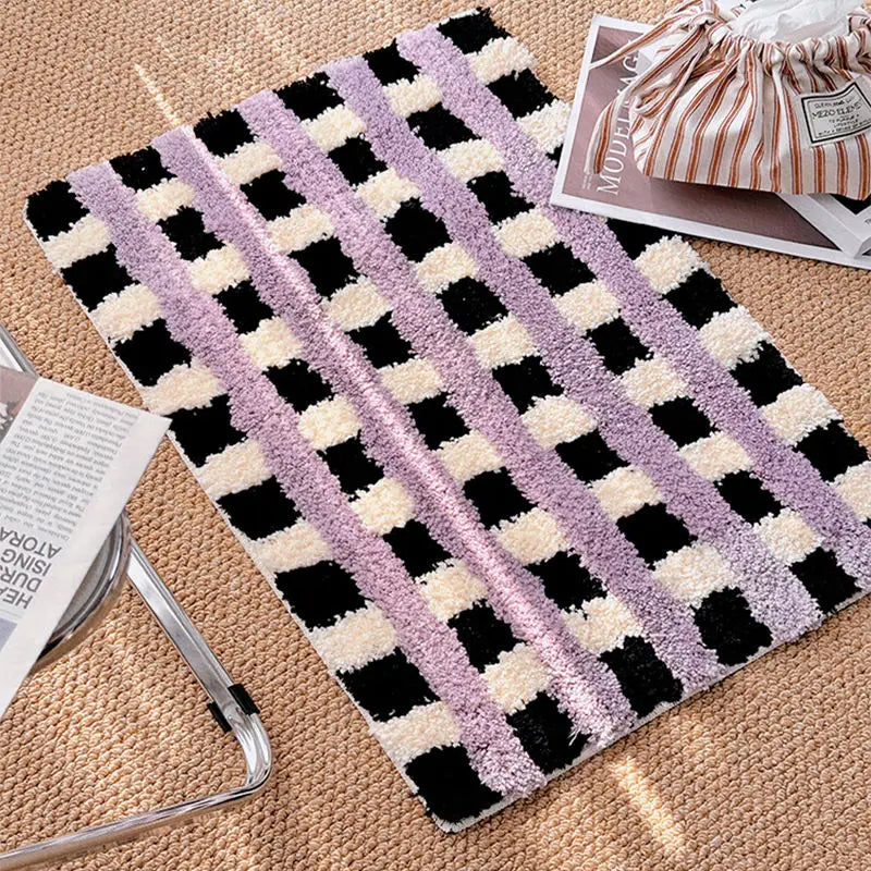 tapis violet moderne carreaux géométriques polyester absorbant antidérapant résistant saleté