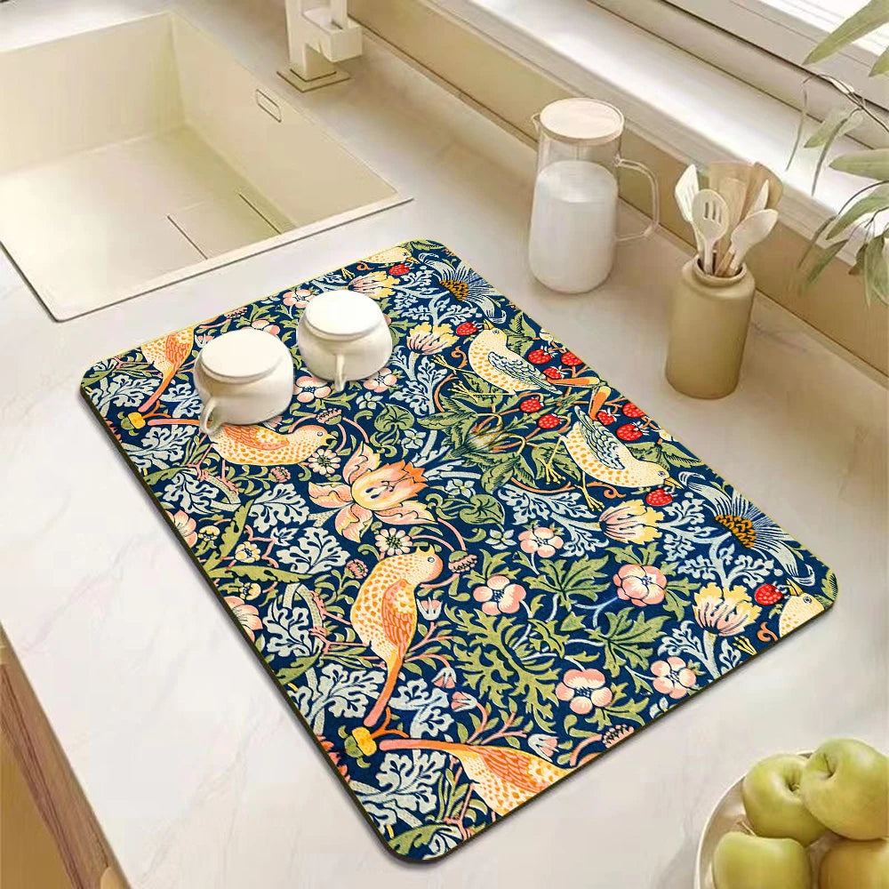 tapis séchage vaisselle moderne fleurs oiseaux bleu marine vert orange blanc