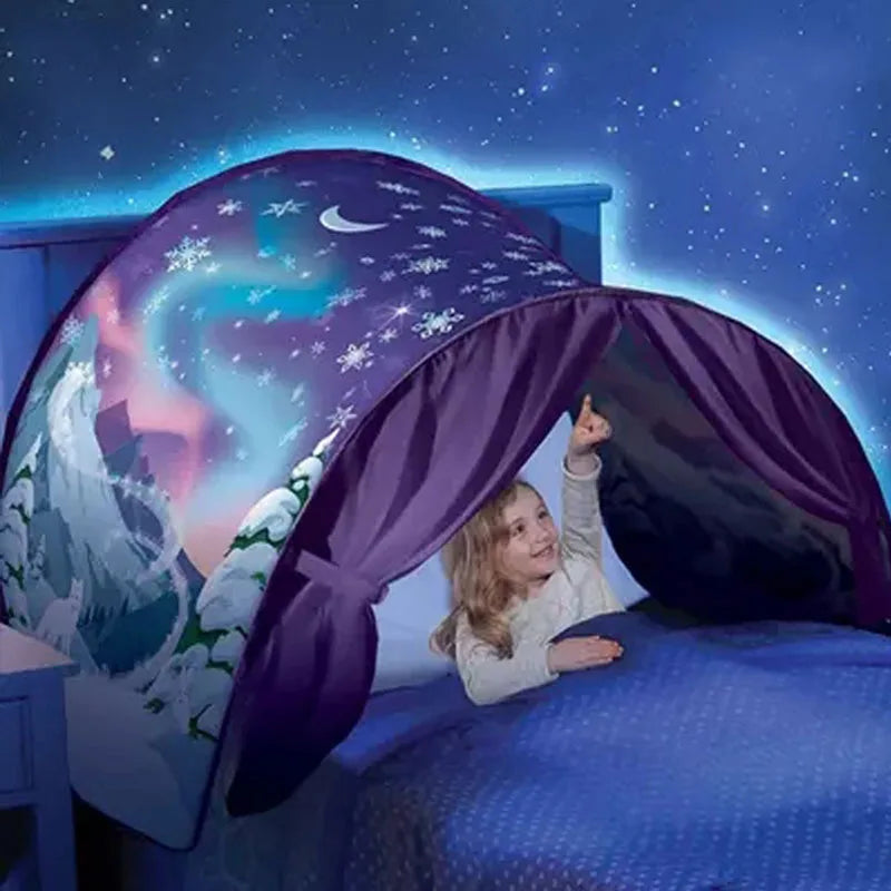 tente pliable enfantine paysage fantastique violet bleu noir blanc vert orange rose gris stars