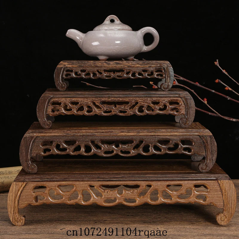 support bois sculpté motifs floraux traditionnel marron foncé objets décoratifs affichage thé