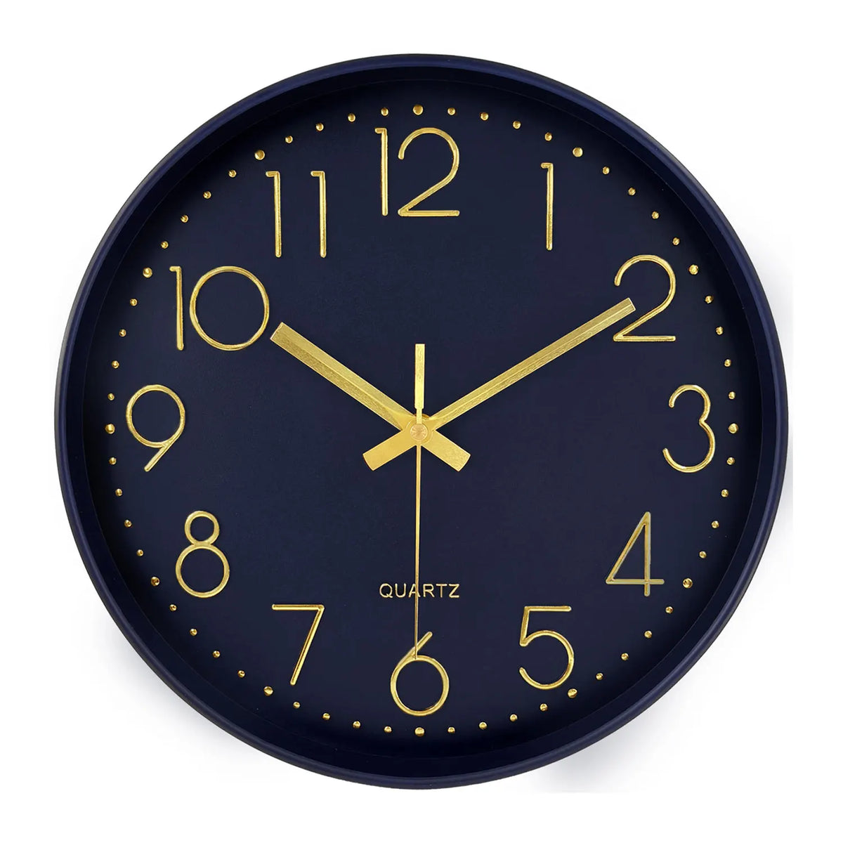 horloge murale moderne quartz aiguille cadran blanc cadre doré numeros 3d relief 10 12