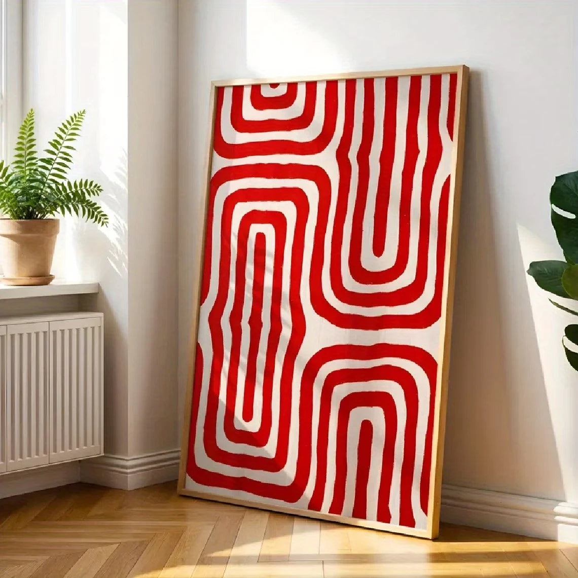toile d'art géométrique rouge contemporain cadre métal chambre salon decoration muristique abstraite