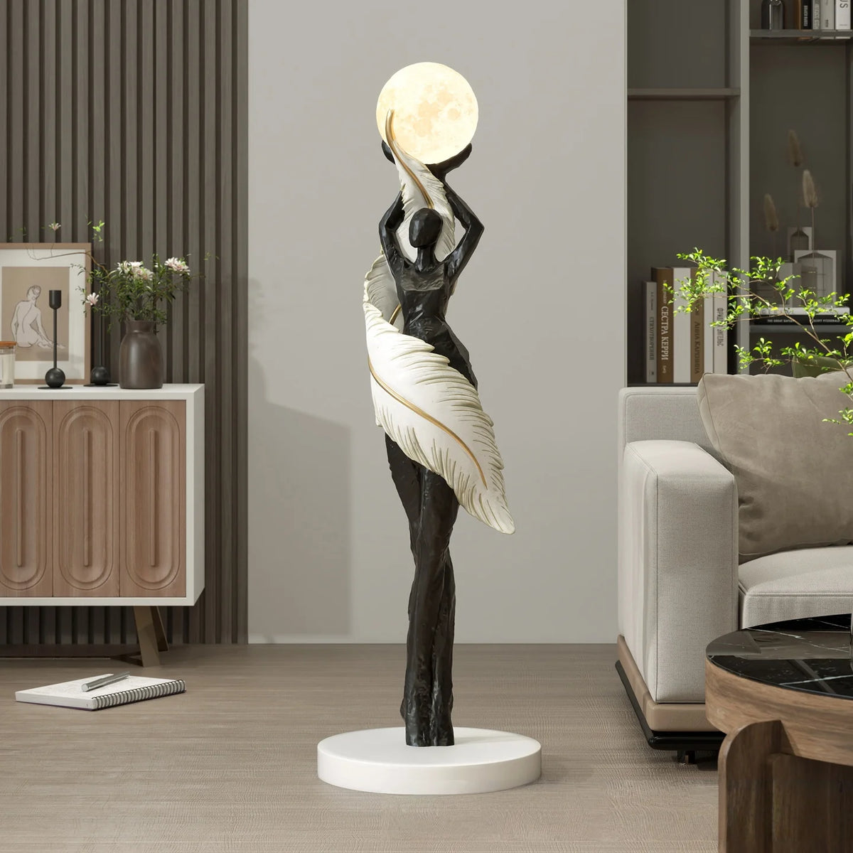 statue femme lune lampadaire moderne résine blanc noir bleu marron ondulé led minimaliste