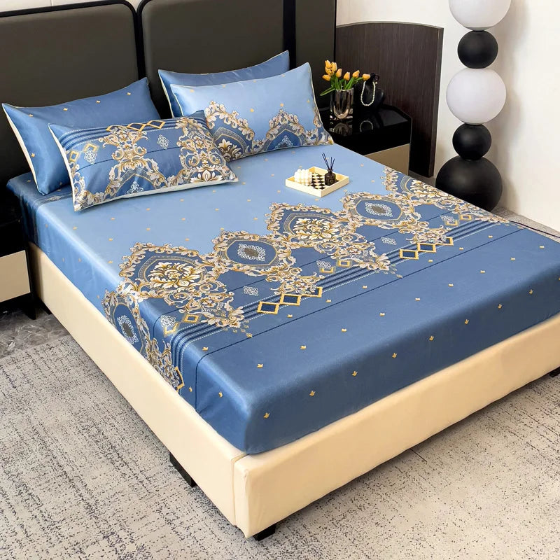 drap housse lit bleu clair doré motif floral classique taies d'oreiller coton