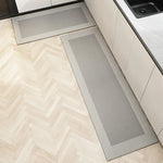 tapis cuisine extérieur moderne gris clair absorbant liquides bordure contrastée texture tissée chenille polyester