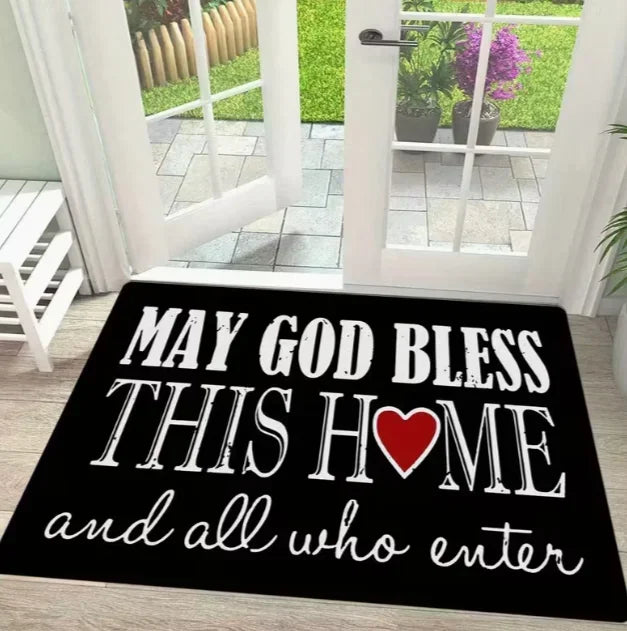 tapis d'entrée moderne lettres blanches noir cœur texte 50x75cm 60x90cm 80x120cm