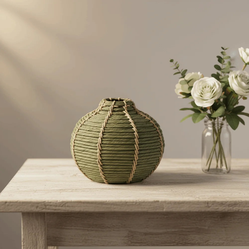 vase tissé rustique vert orange marron clair artisanal fleurs décoration maison
