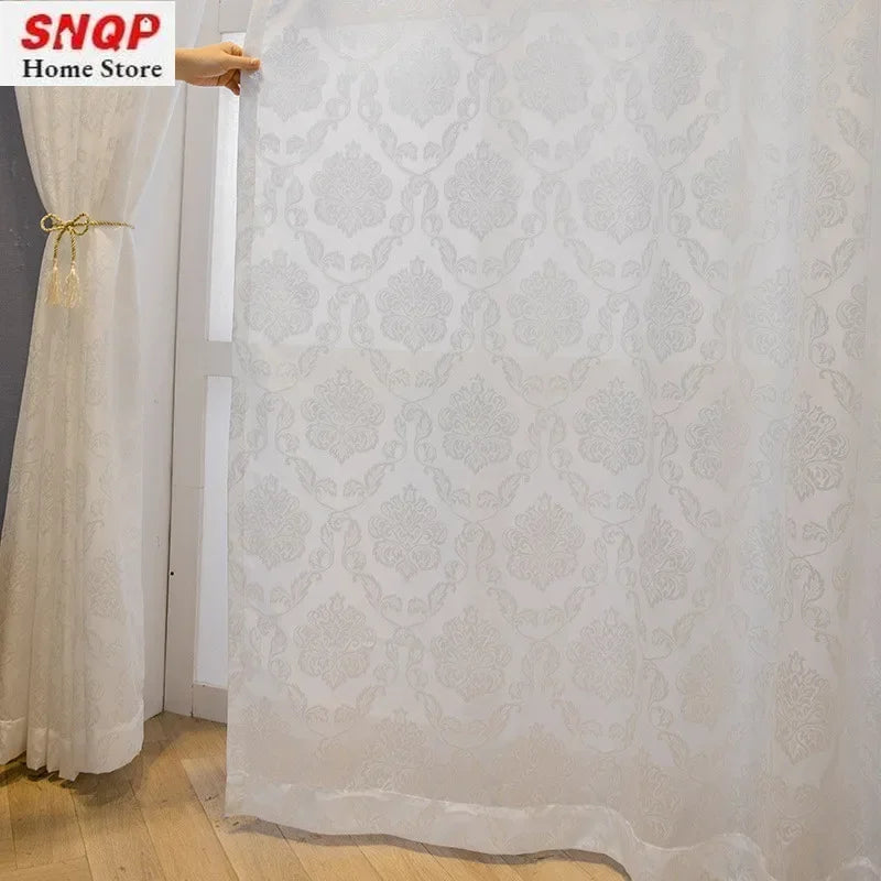 rideau blanc tulle brodé floral semi transparent anneaux salon chambre fenêtre classique