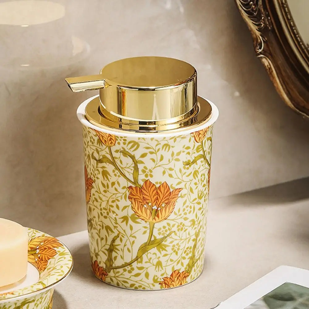 distributeur savon liquide mousse floral vintage blanc rouge vert or
