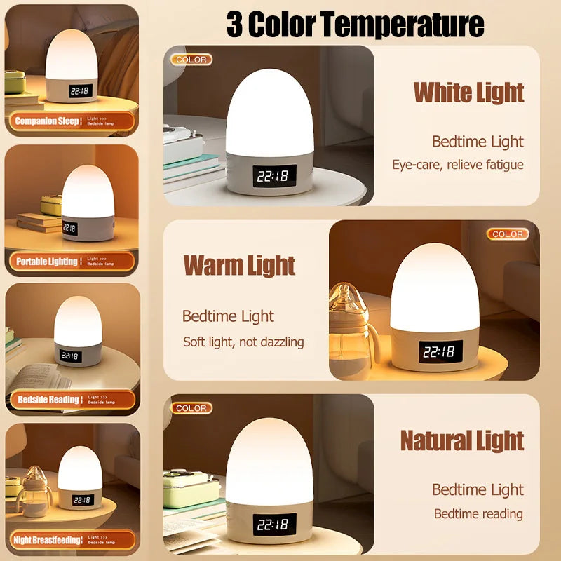 lampe chevet rechargeable led beige blanche ombre douce minimaliste affichage heure télécommande port usb