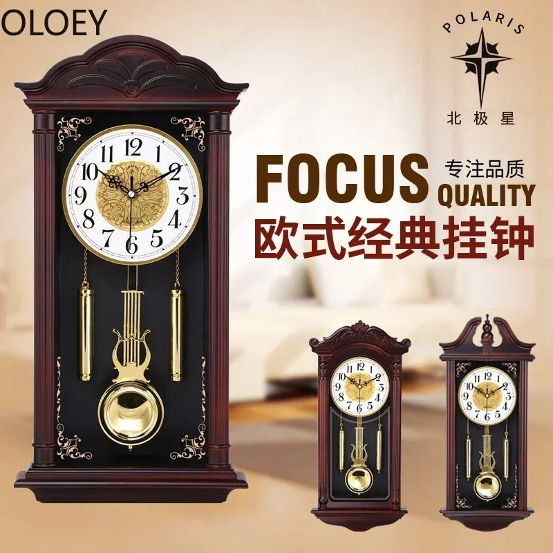 horloge murale classique bois foncé cadran blanc chiffres dorés pendule antique aiguille quartz résine
