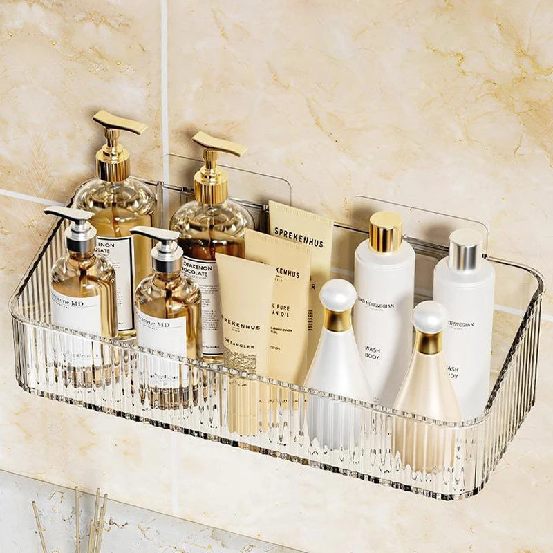 étagère murale transparente moderne rayures bouteilles flacons accessoires salle bains
