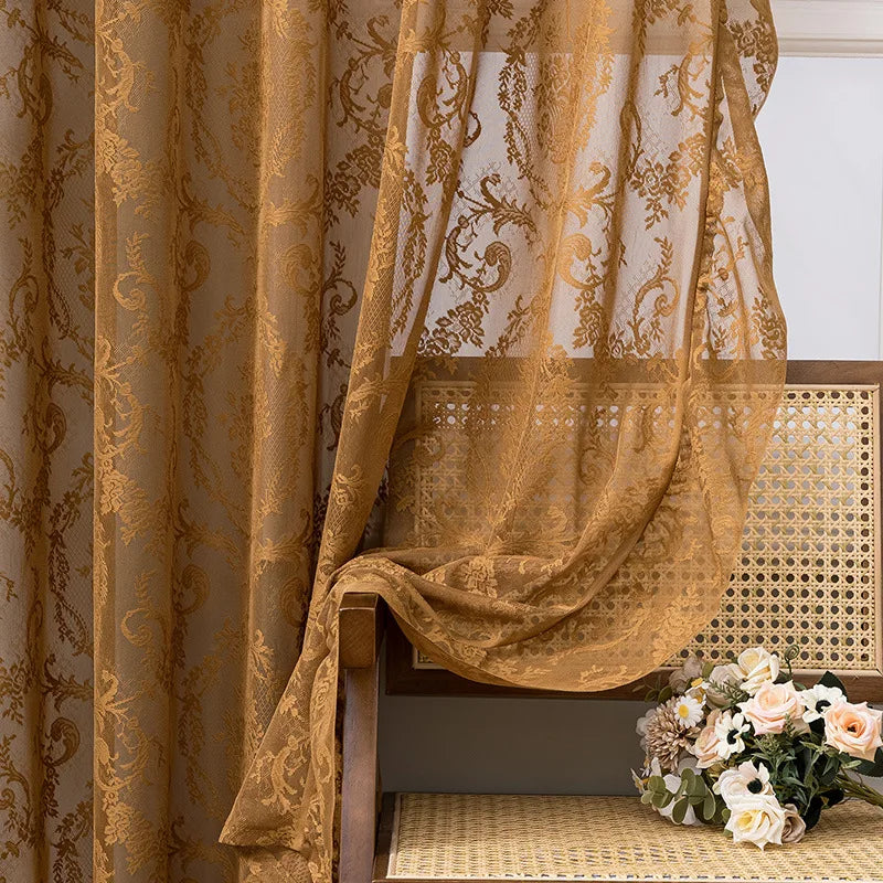 rideau semi transparent dentelle or broderie florale classique anneaux métalliques décoratives salon