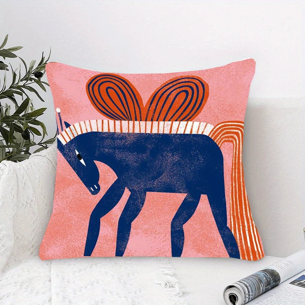 housse coussin décoratif abstraite cheval insecte rose bleu orange moderne 45x45cm polyester fermure éclair