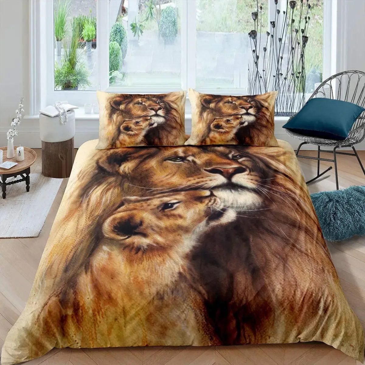 Détail du motif animaux safari sur la housse de couette marron