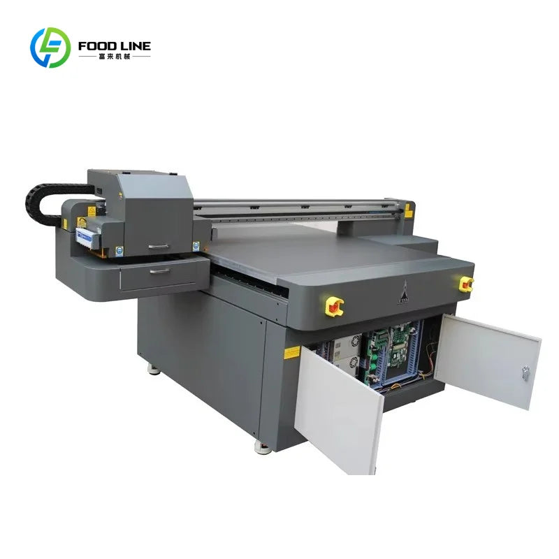 imprimante industrielle grande taille gris métallisé multicolore jet d'encre uv roulettes contrôleur câbles