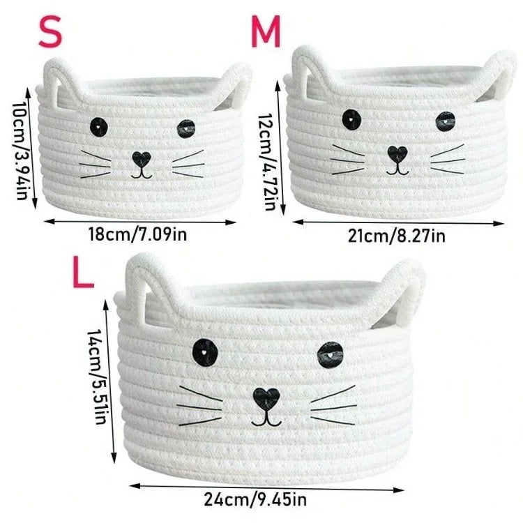 panier tissé rose blanc beiges motifs chats poignées rangement moderne