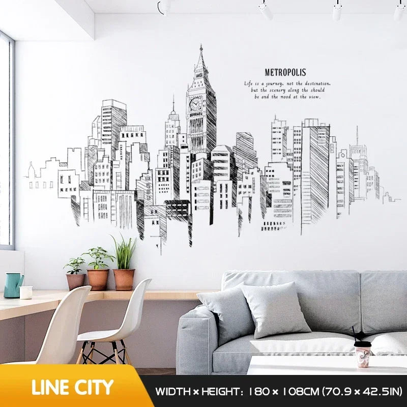 autocollant mural ville gratte ciels metropolis noir blanc moderne graphique minimaliste sofa salon decoration