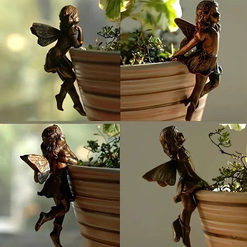 statues fées décoratives pot fleurs bronze marron ornements intérieurs extérieurs ailes ajourées texture sculptée