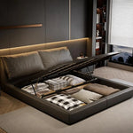 lit double moderne bois gris foncé simili cuir dossier souple chambre coucher
