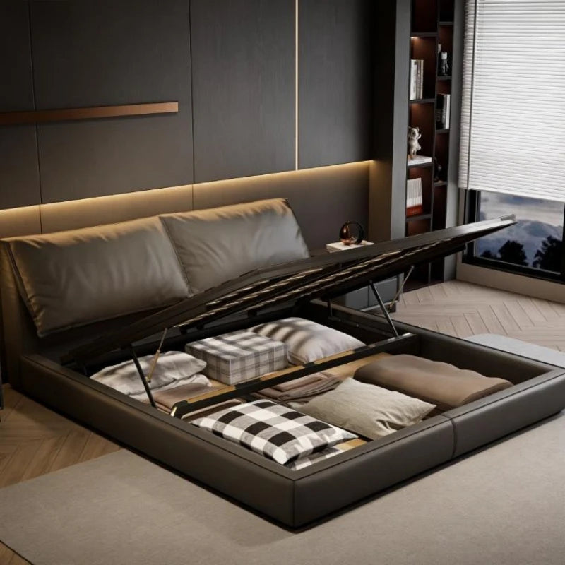 lit double moderne bois gris foncé simili cuir dossier souple chambre coucher