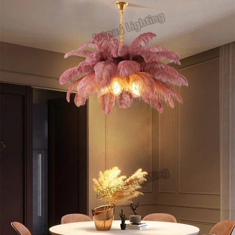 lustre led plumes rose blanc bleu moderne élégant tringle suspension chambre salon