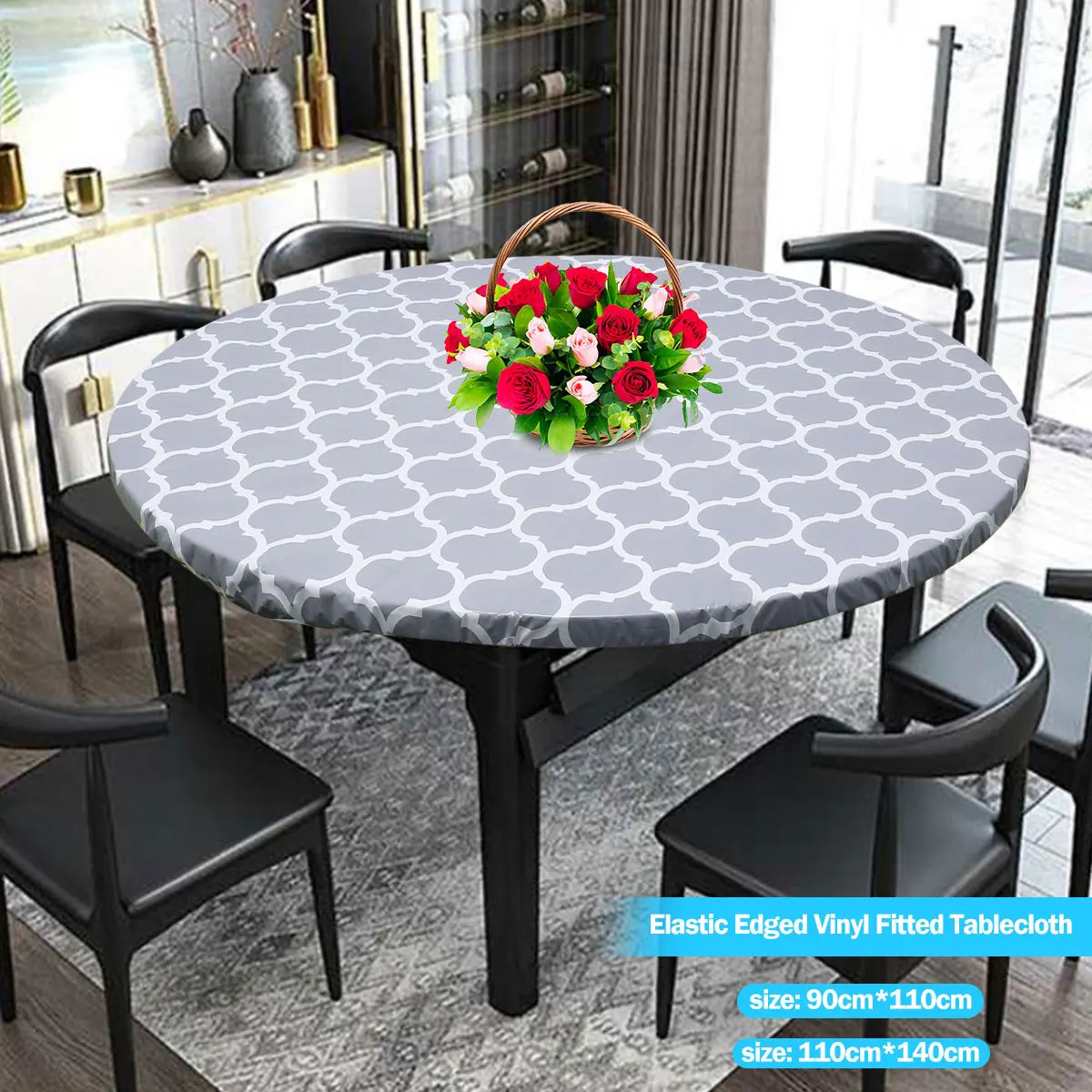 nappe table moderne bleu clair gris élégante feuilles géométrique imperméable table manger assiettes verres
