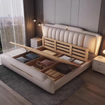 lit double simili cuir moderne beige gris pieds dorés tiroirs intégrés structure bois