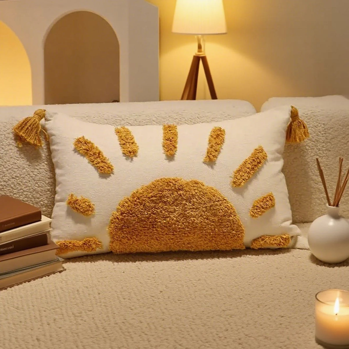 taies d'oreiller boho chic motif soleil doré brodé texture épaisse 45x45cm blanc decoration maison