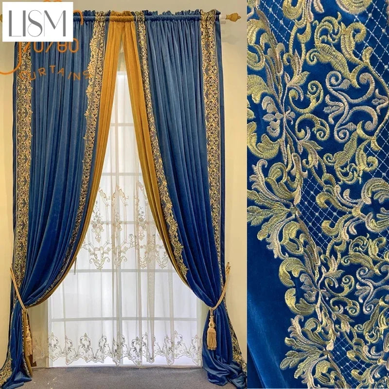 rideau velours bleu foncé broderie dorée classique épais occultant salon chambre fenêtre maison