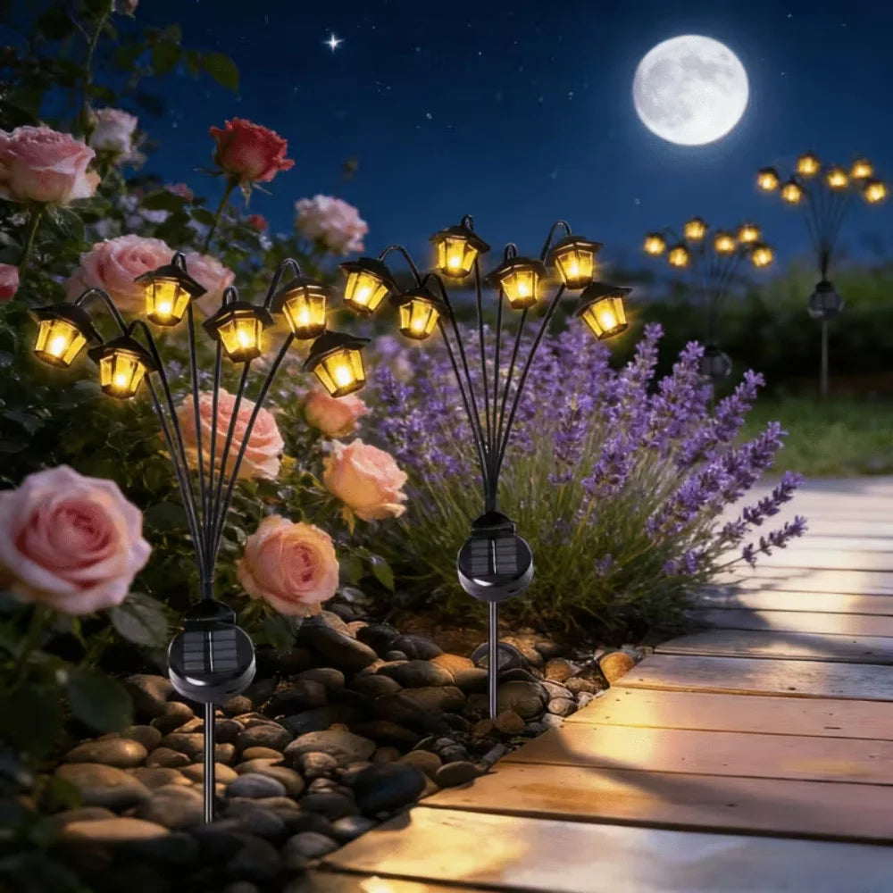 lanterne solaire rétro fleur cerisier noir fixée piquet six leds éclairage extérieur jardin patio