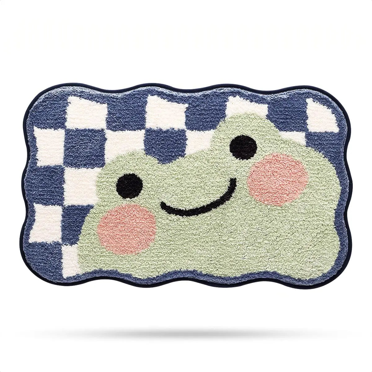 tapis bain antidérapant polyester feutre décoratif carreaux géométriques souriant vert clair bleu marine