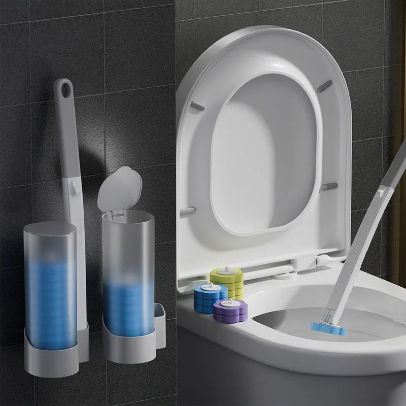 brosse toilette jetable blanc bleu texture granulée support transparent nettoyage moderne pratique