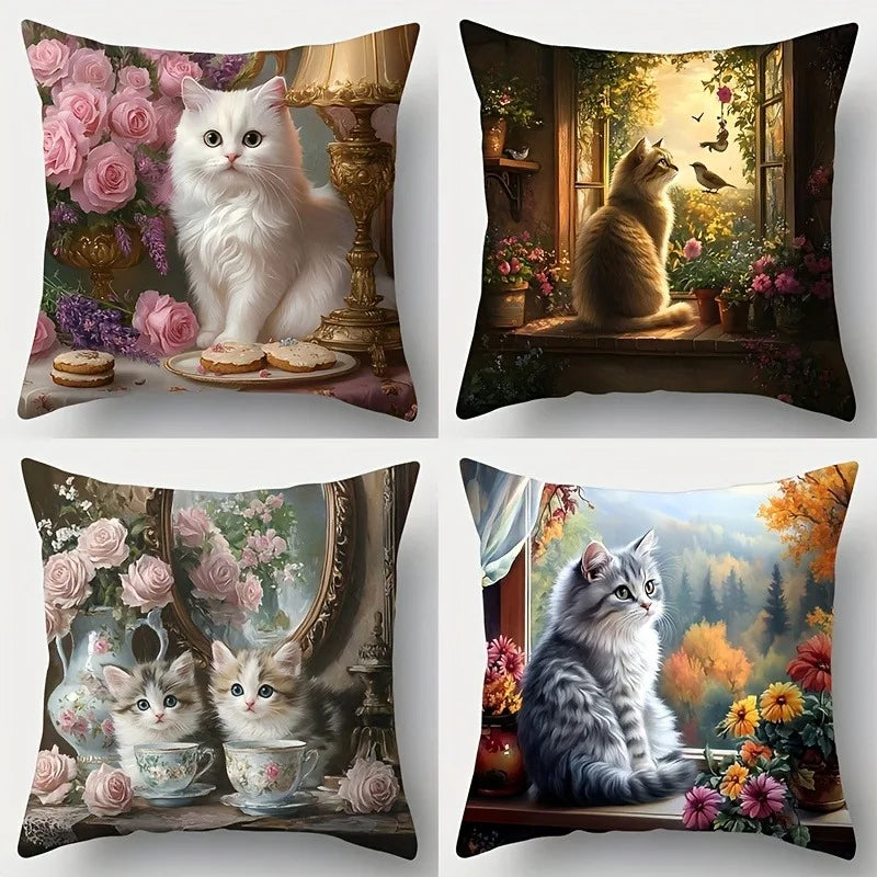 taies d'oreiller imprimées chats fleurs vintage romantique blanc gris beige rose violet vert jaune
